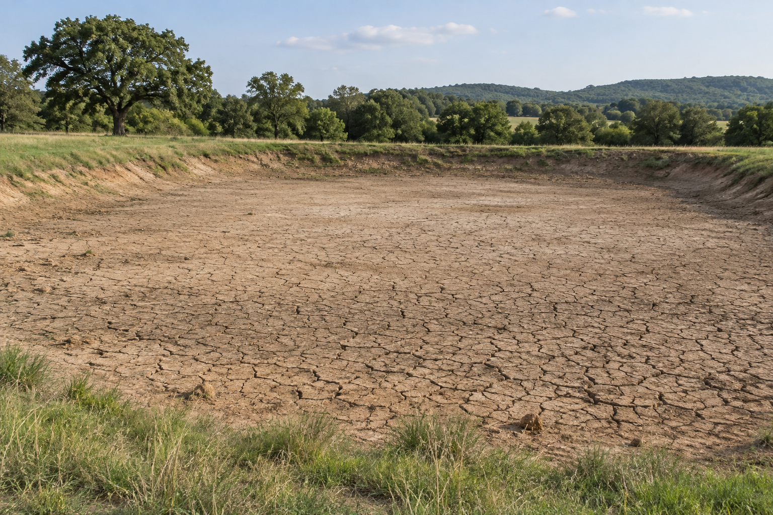 Illustration of a dry pond basin with cracked soil