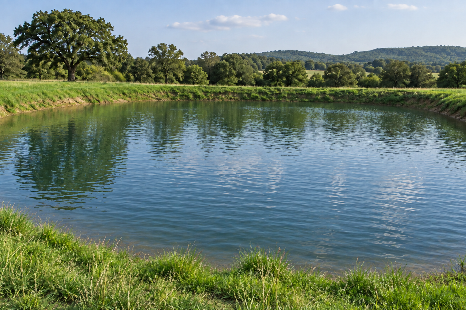 Illustration of the same farm pond filled with water, bordered by green grass and trees