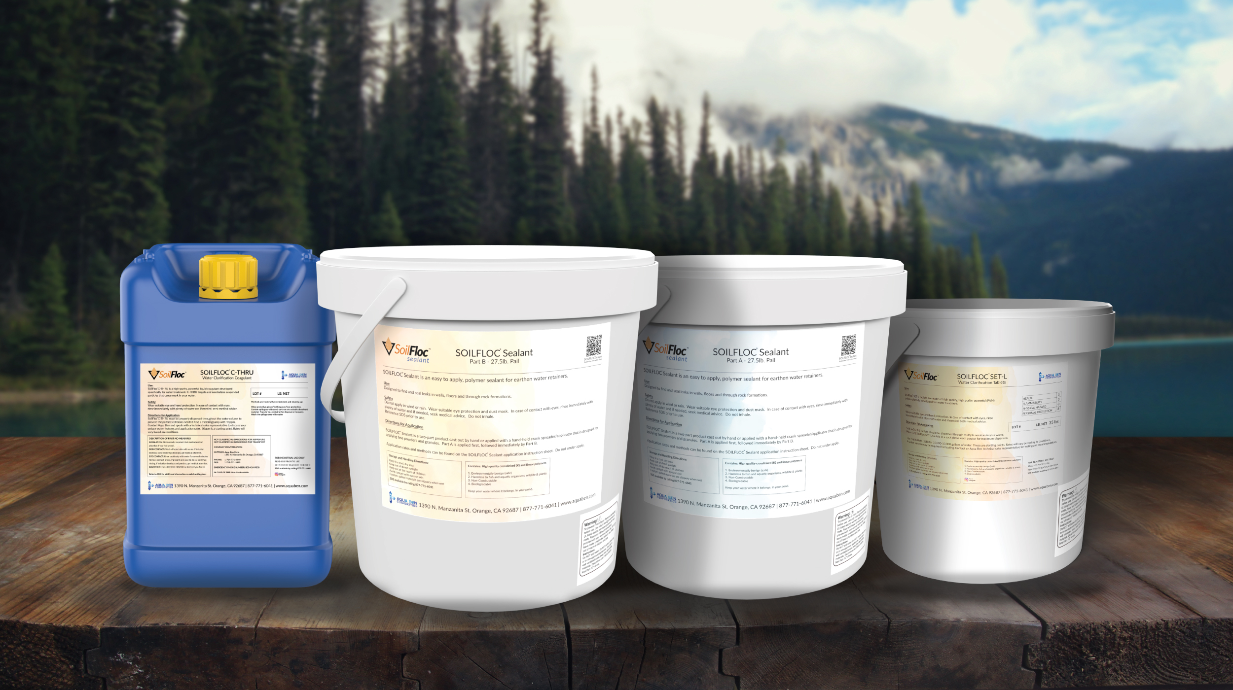 SoilFloc™ product family: C-THRU, Sealant Part B, Sealant Part A, and SET-L beside a lake