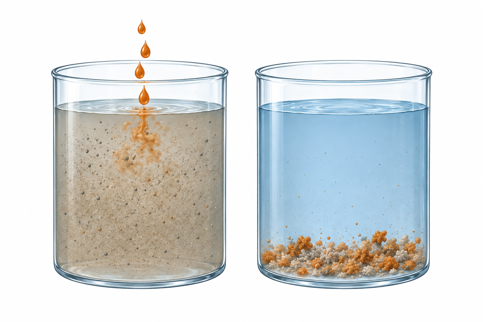 Concept illustration of liquid coagulant added to cloudy water beside a second vessel with clearer water and particle clusters settled at the bottom.