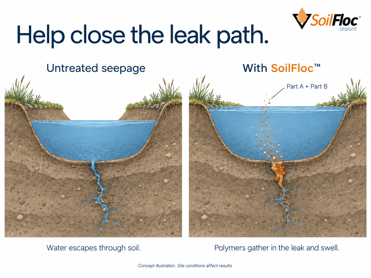 Help close the leak path. The untreated pond has a lower water level as water escapes through a soil fissure. The pond with SoilFloc™ has a higher water level, with Part A and Part B gathering and swelling in the leak path.