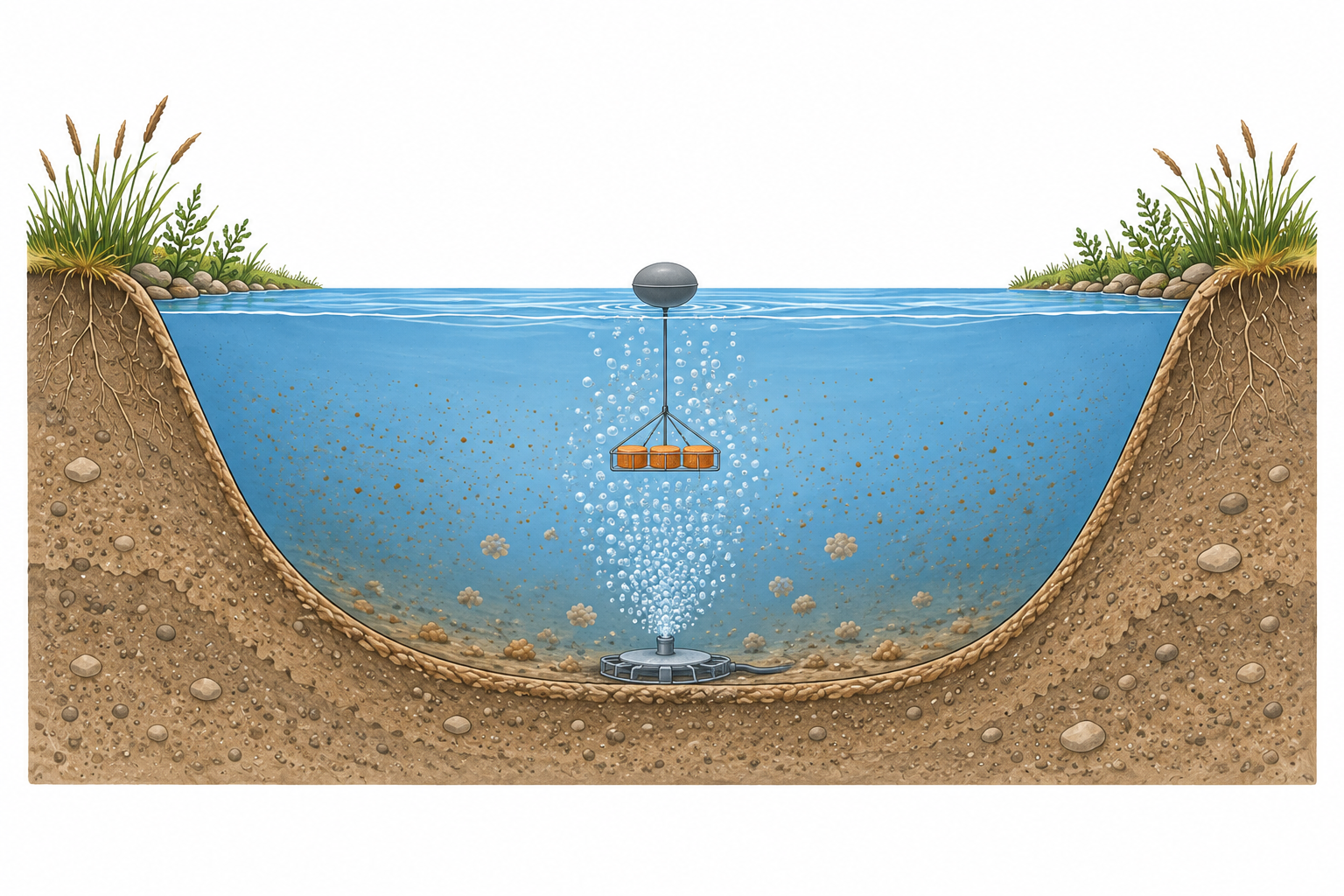 Pond cutaway illustrating SET-L tablets suspended above an aerator, with water movement around the tablets and particles settling toward the bottom.
